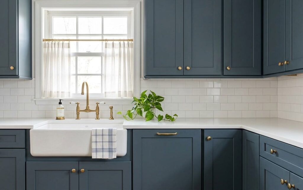 A kitchen with blue cabinets, white countertops, and brass faucet.