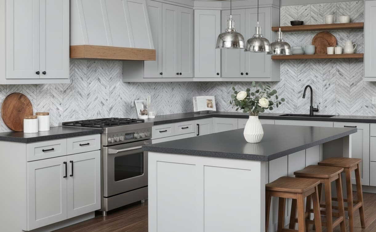 A kitchen with white cabinets, black countertops, a tile backsplash, and wood accents.