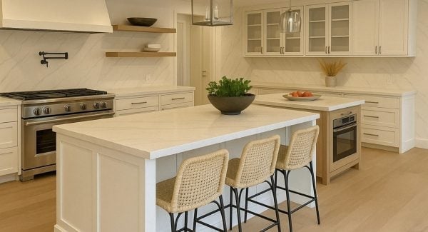 Large kitchen with two islands, one large and one small in a white and marble kitchen.