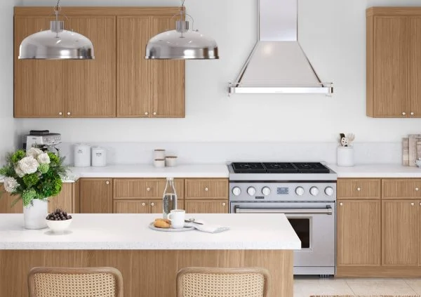 Nautral wood tone skinny shaker cabinets with lazy susan in the corner.