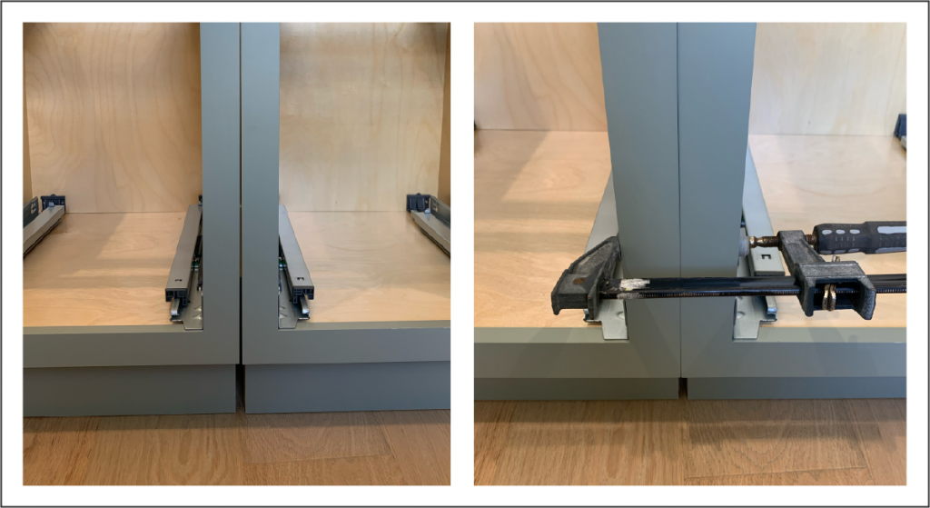 Cabinet boxes with a gap between and how to repair it with a clamp bringing it together.
