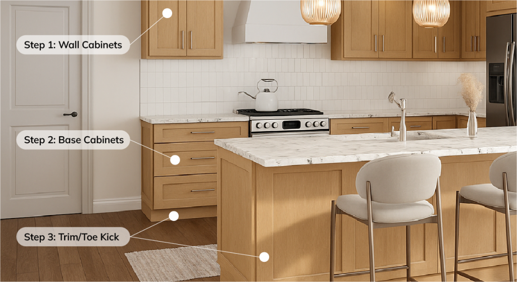 Kitchen with labels indicating the proper installation order.