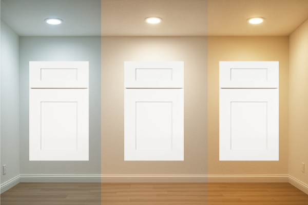 Cabinets under different types of lighting that demonstrate what the impacts can be.