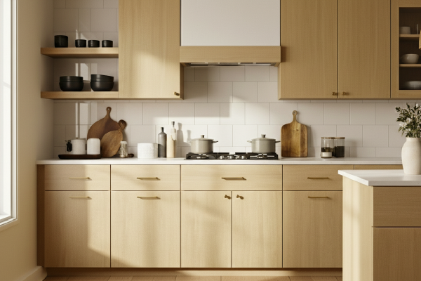 Mid-tone wood cabinets in a modern, bright kitchen with white walls.