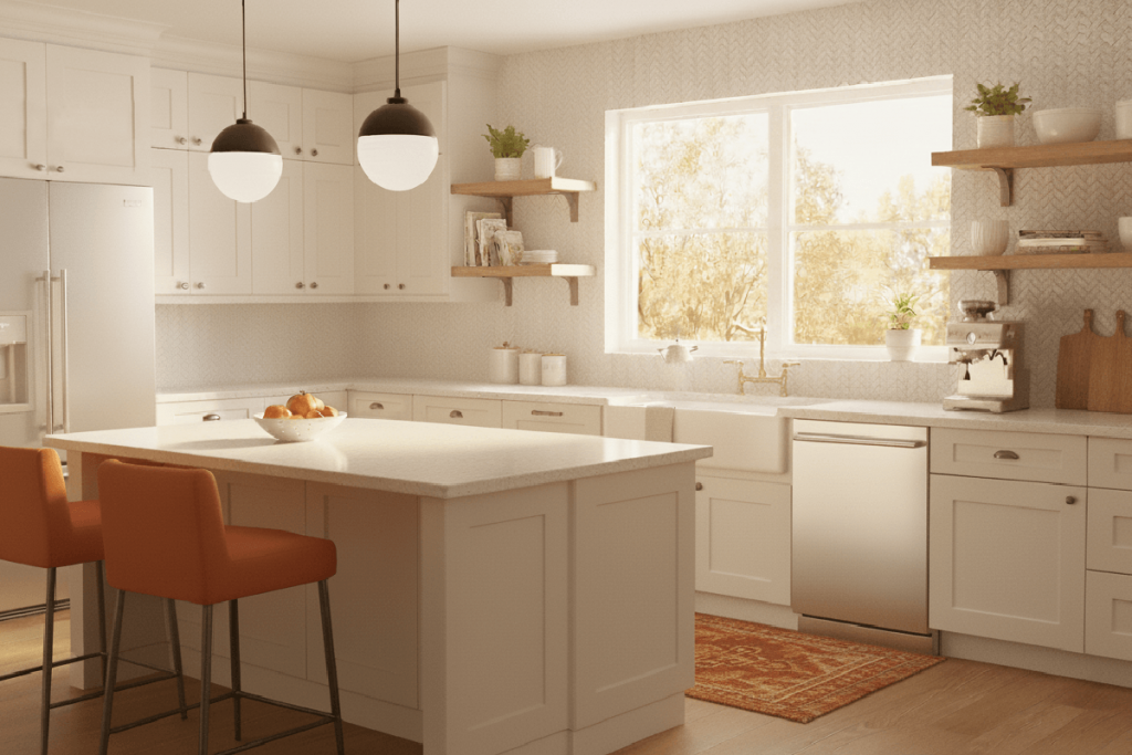 Bright neutral kitchen with beige cabinets and lots of natural light with light tone wood floors.
