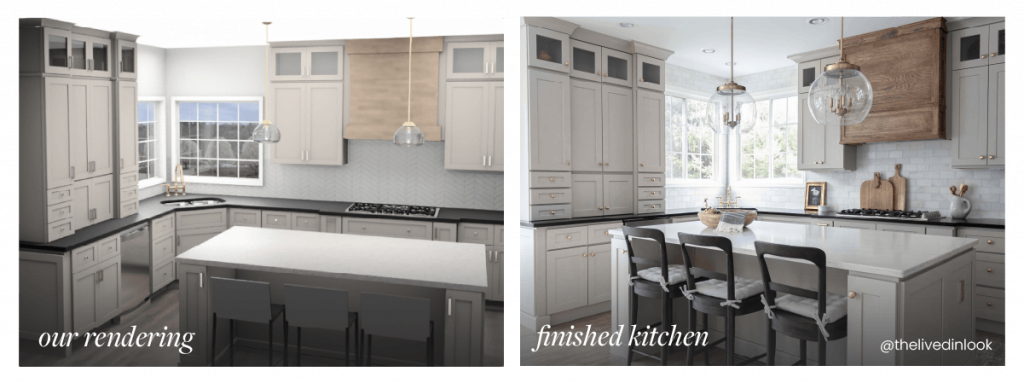Side by side images of the designer rendering and the finished project showing that they match almost perfectly.
