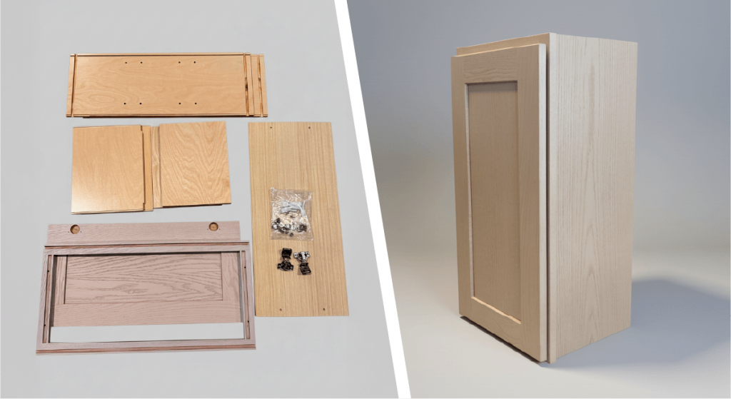 Side by side comparison images of a cabinet before assembly and after assembly.