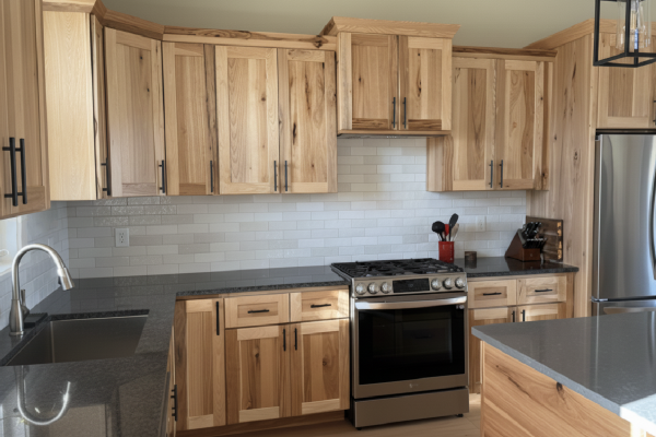 Spacious kitchen with natural hickory cabinets, tiled backsplash, and stainless steel appliances.