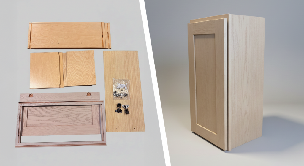 Side by side image of all the parts of the cabinet before assembly and then after.