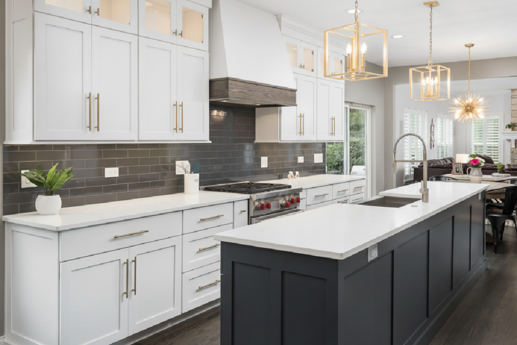 White and black kitchen with white countertops