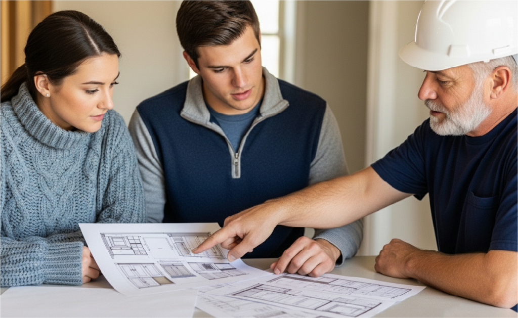 Contractor reviewing plans with a young couple. 