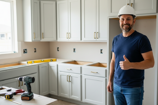 Contractor standing in a kitchen with cabinets being installed.