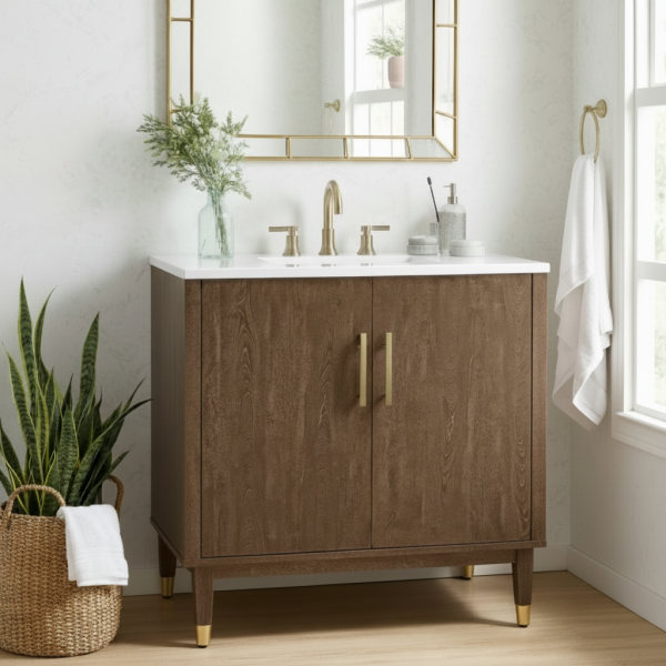Mid-century modern vanity in warm wood tone in a light, neutral bathroom with mirror on the wall.