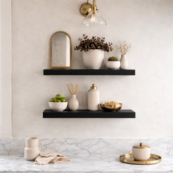 Floating shelves in black against a light wall with various decor.