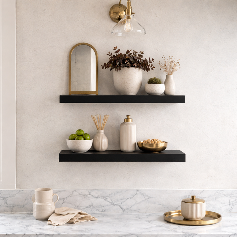 Floating shelves in black against a light wall with various decor.