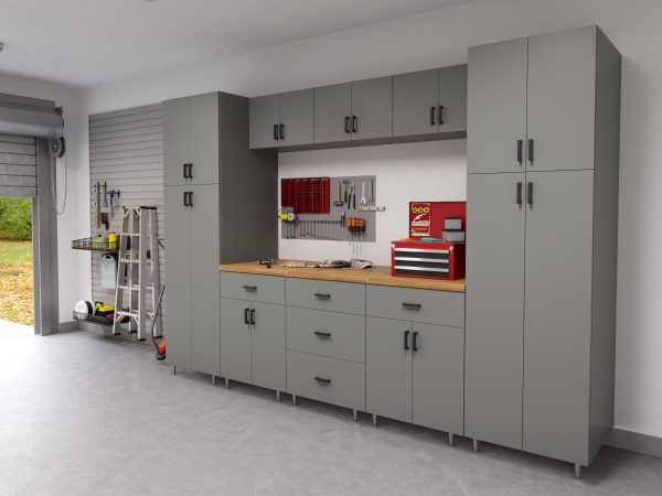 Gray garage cabinets with tool organizers in a simple layout optimized for storage capacity.