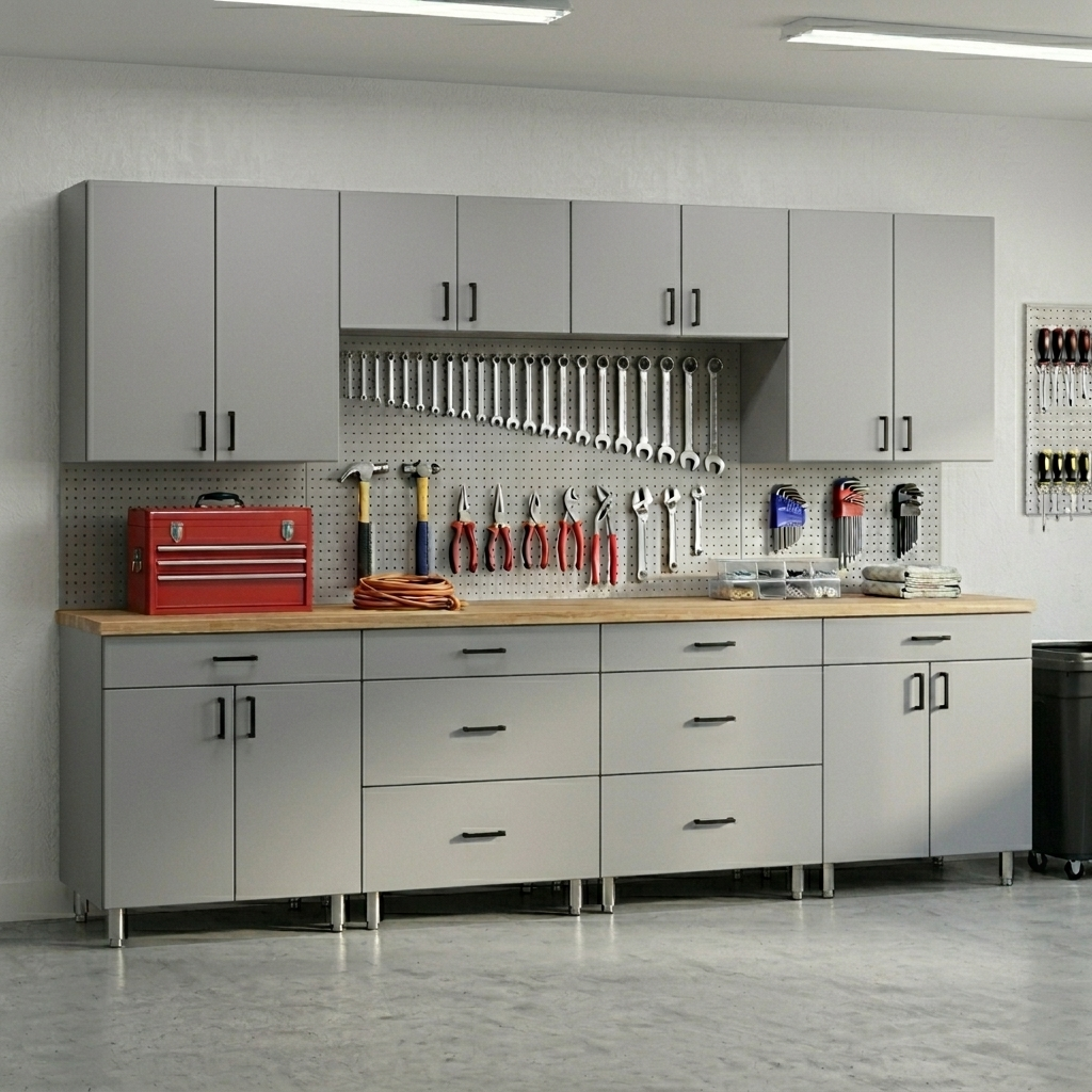 An arrangement of garage cabinets with tools organized and hanging on the wall with cabinets above and below.