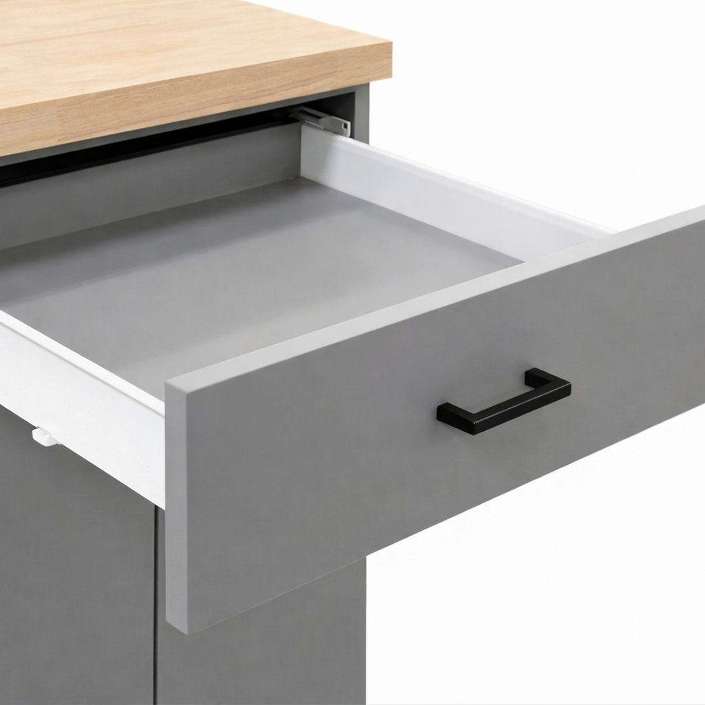 Close up of the garage cabinets opened drawer showcasing its sturdy construction.