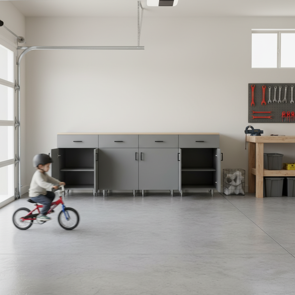 Child riding a bike in a clean gray and white garage with a simple arrangement of garage cabinets for storage.