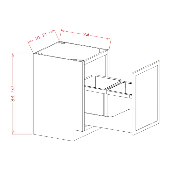 Timber Toffee Full Height Door Base with Two Trashcan Pullout - 21"W x 34-1/2"H x 24"D