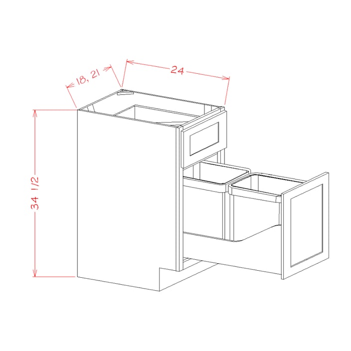 Timber Green Base Cabinet with Two Trashcan Pullout - 21"W x 34-1/2"H x 24"D